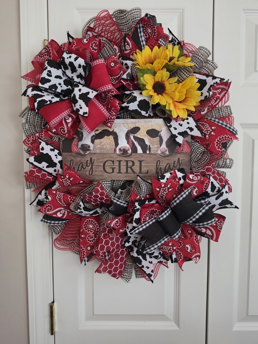 Farmhouse Cow Sunflower Wreath - Red, Black & Yellow